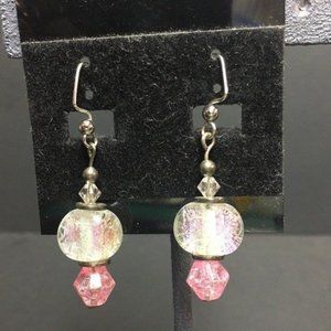 Pierced Double Dangle Earrings Silver Pink Iridescent Crackle Barbie Soft Girl